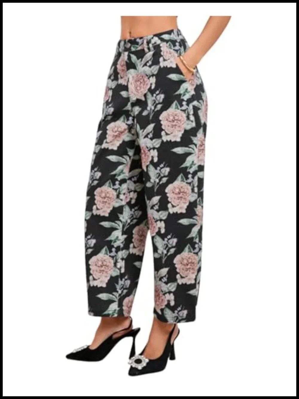Floral Embroidered Barrel Jeans Wide Leg Mid Rise Boyfriend Baggy Denim Ankle - Picture 1 of 6